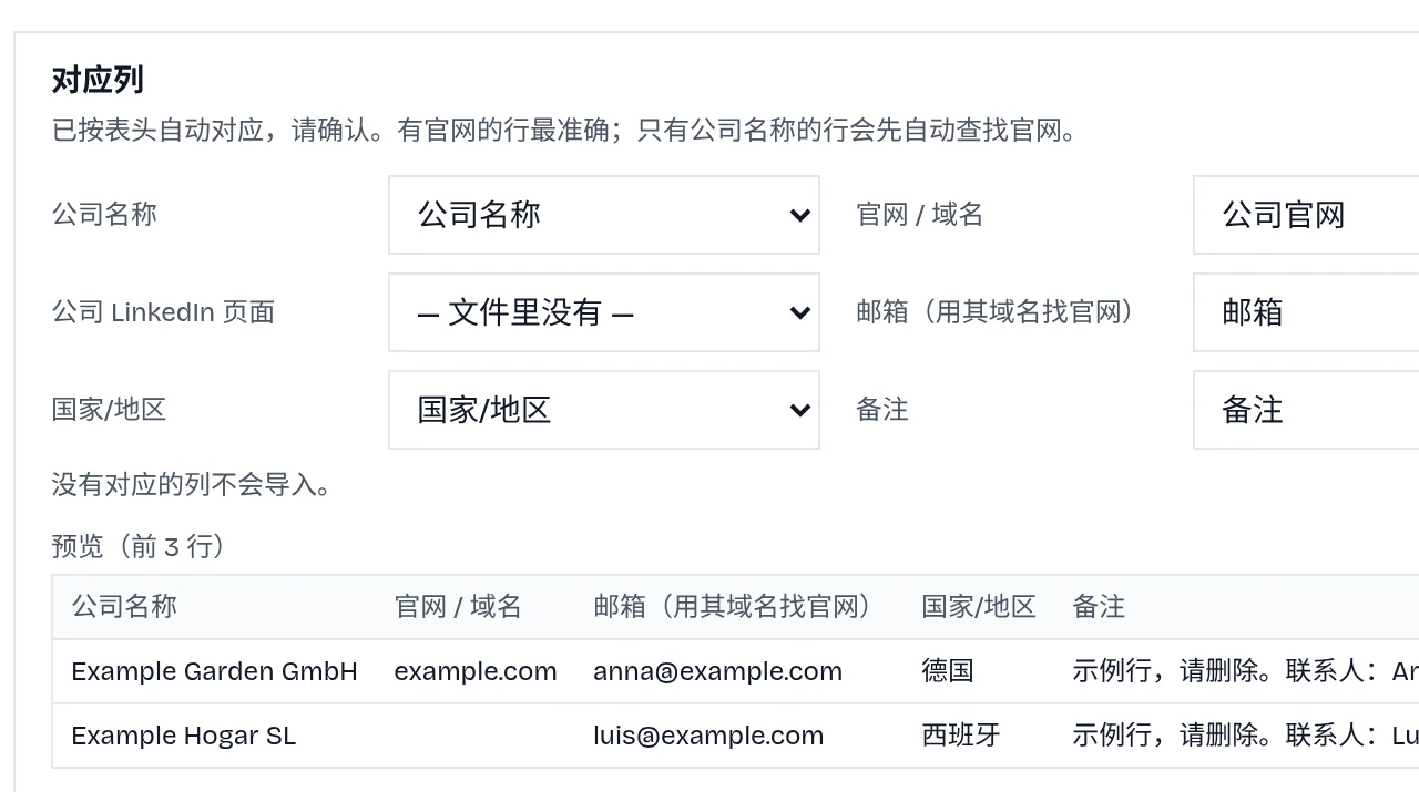 RenewSell import dialog: the columns of a business-card spreadsheet are matched automatically to company name, website, email, country and notes, with a preview of the first rows